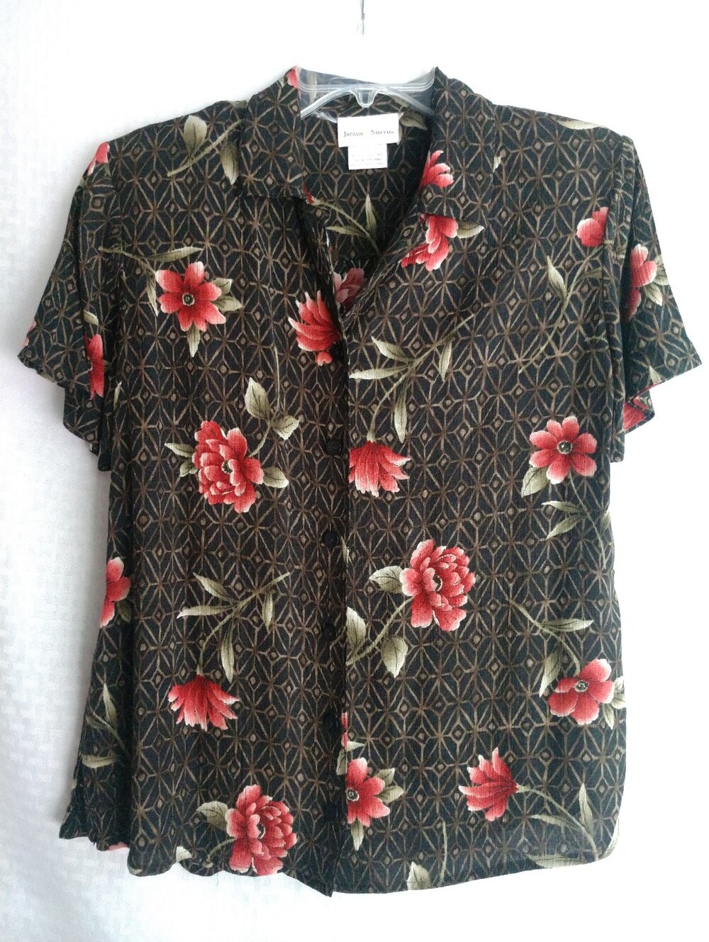 Vintage Jaclyn Smith Short Sleeve Floral Shirt Blouse Brown Pink Size Medium